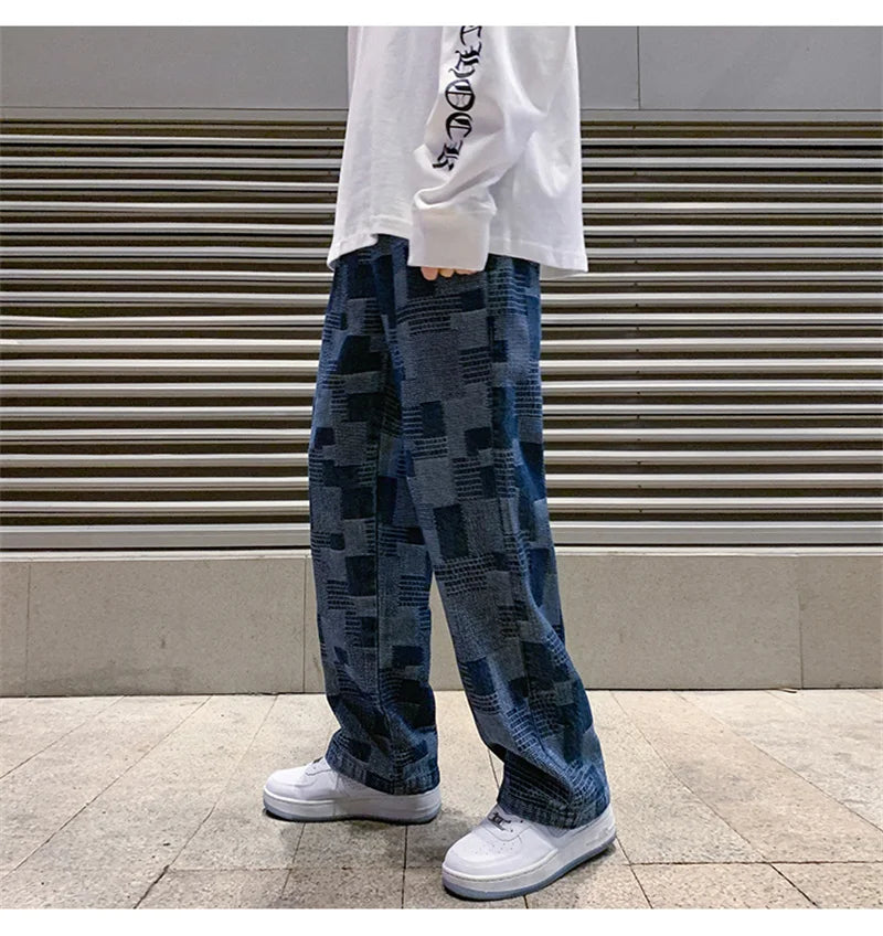 Jean à carreaux bleu noir pour hommes, Vintage, jambes larges, High Street, ample, droit, Hip Hop, automne Y2K