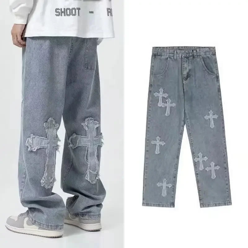 Streetwear Hip Hop taille basse pour hommes coréen Y2k mode pantalon croix Denim pantalon Baggy jean femmes Cargo pantalon Punk vêtements