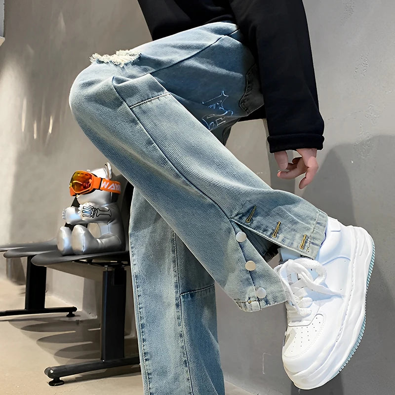 Jean ample Hip Hop brodé avec lettres pour hommes, décontracté, nouveaux trous cassés, Streetwear, pantalon droit en Denim, Baggy Y2K