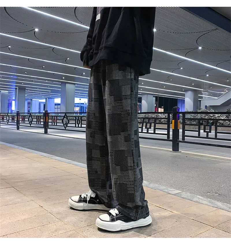 Jean à carreaux bleu noir pour hommes, Vintage, jambes larges, High Street, ample, droit, Hip Hop, automne Y2K
