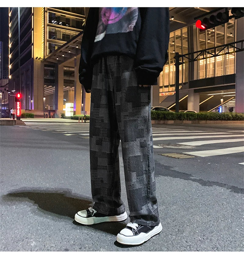 Jean à carreaux bleu noir pour hommes, Vintage, jambes larges, High Street, ample, droit, Hip Hop, automne Y2K