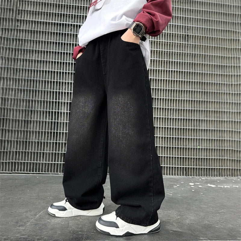Nouvelle mode enfants jean noir avec dessin pour garçons filles décontracté Streetwear Denim pantalon unisexe enfant coupe droite jean pantalon