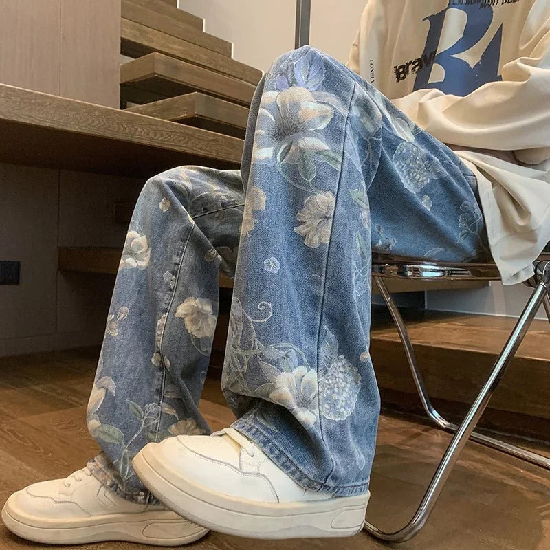 Jean imprimé Floral pour hommes, pantalon en Denim Vintage Y2K, mode Hip Hop, Baggy à jambes larges, Streetwear, nouvelle collection automne 2024