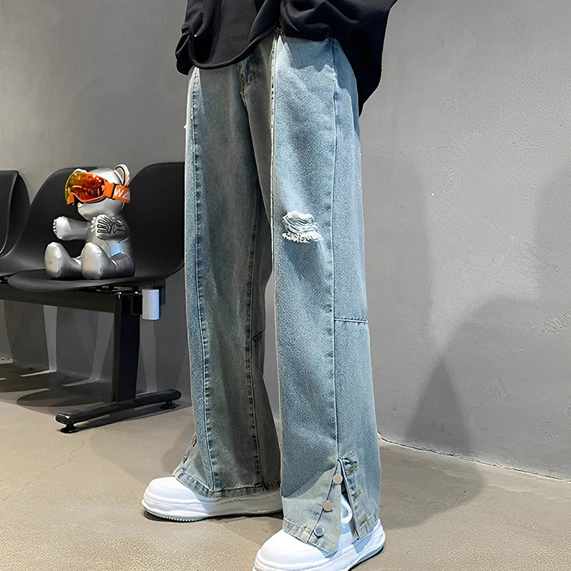 Jean ample Hip Hop brodé avec lettres pour hommes, décontracté, nouveaux trous cassés, Streetwear, pantalon droit en Denim, Baggy Y2K