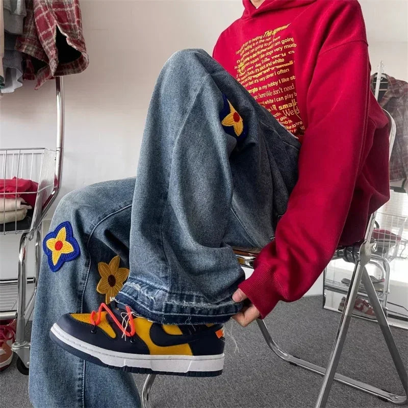 Jean droit bleu brodé de fleurs pour hommes et femmes, jean baggy, streetwear vintage, mode hip hop, automne, fjwomen, Y2K