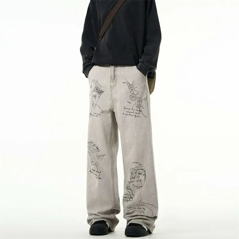 Jean imprimé graphique graffiti rétro américain pour hommes, pantalon en denim baggy, mode Harajuku, streetwear Y2K, DistMurcia, fjgy