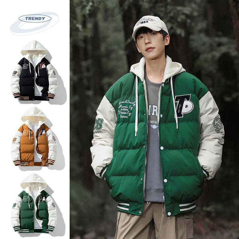 2025 nouvelle veste en coton hommes hiver jeunesse épaissi vers le bas manteau à capuche faux deux pièces mode Parka décontractée vêtements d'extérieur chauds grande taille