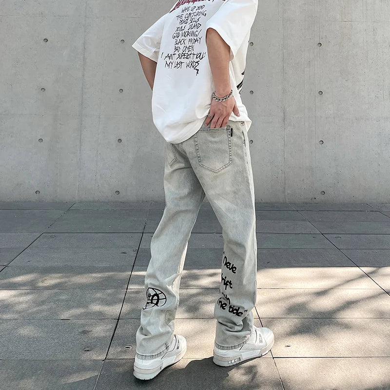 Jean Baggy avec lettres gothiques américaines pour hommes, pantalon en Denim droit rétro Harajuku Y2K, Hip Hop, mode imprimée