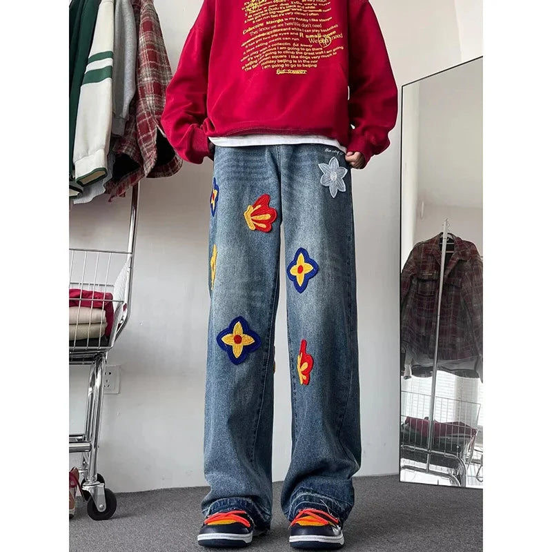 Jean droit bleu brodé de fleurs pour hommes et femmes, jean baggy, streetwear vintage, mode hip hop, automne, fjwomen, Y2K