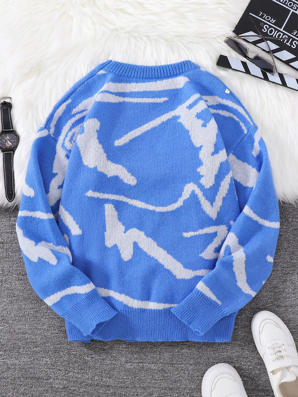 Nouveau populaire printemps automne Graffiti Jacquard motif pull pull décontracté col rond contraste couleur tricoté hommes pull