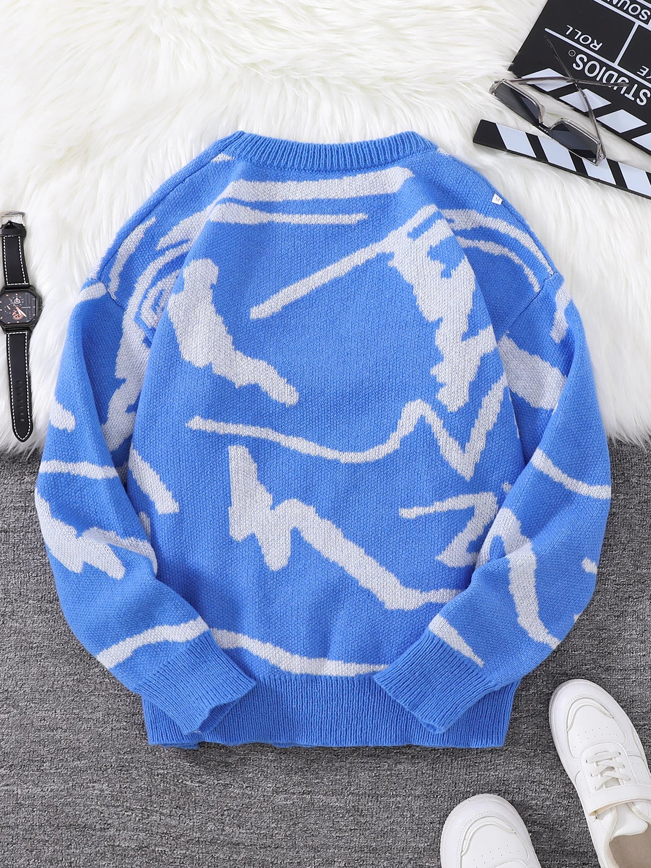 Nouveau populaire printemps automne Graffiti Jacquard motif pull pull décontracté col rond contraste couleur tricoté hommes pull
