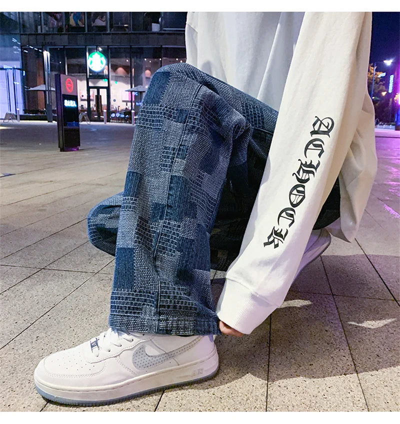 Jean à carreaux bleu noir pour hommes, Vintage, jambes larges, High Street, ample, droit, Hip Hop, automne Y2K
