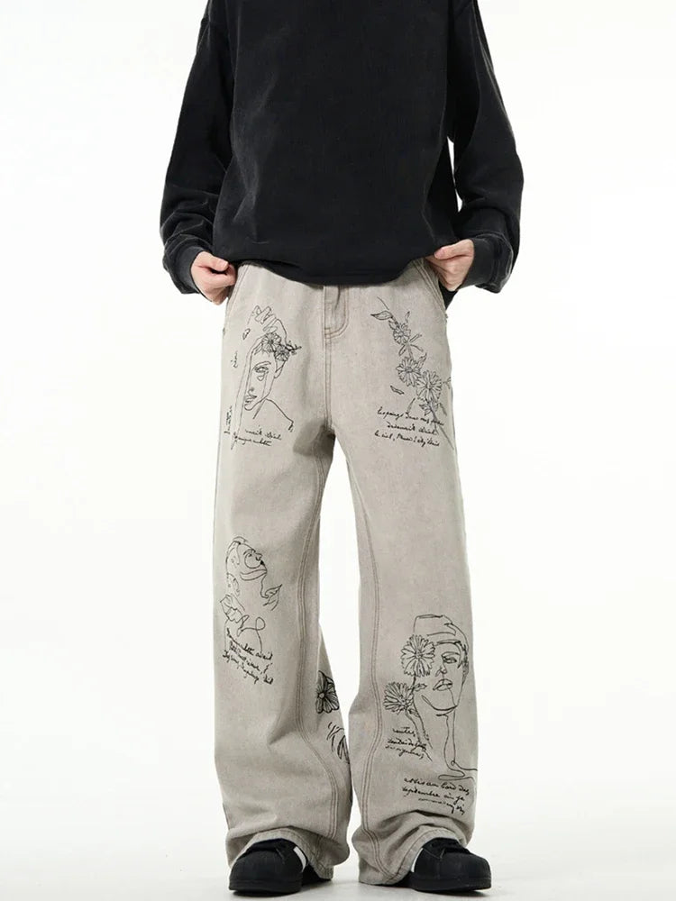 Jean imprimé graphique graffiti rétro américain pour hommes, pantalon en denim baggy, mode Harajuku, streetwear Y2K, DistMurcia, fjgy