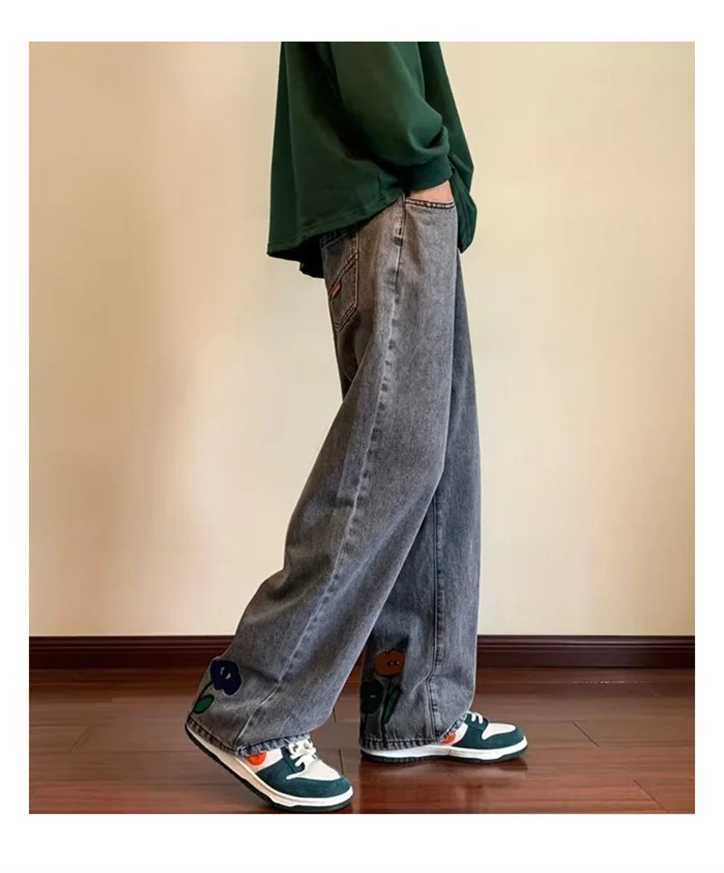 Jean Baggy imprimé fleur Y2K pour hommes, Streetwear américain décontracté, pantalon à jambes larges, Vintage, droit, nouvelle collection 2025