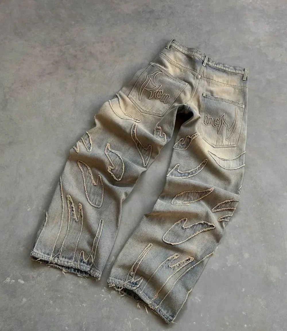 Nouveau Y2K Harajuku rétro graphique Patch jean Hip Hop gothique bord brut broderie noir Baggy jean jambe large Denim pantalon hommes femmes