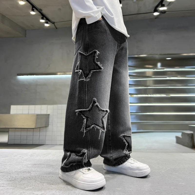 Nouvelle mode adolescents garçons Denim pantalons à jambes larges enfant pantalon printemps automne étoile épissage bord brut jean 5-14 ans enfants pantalons