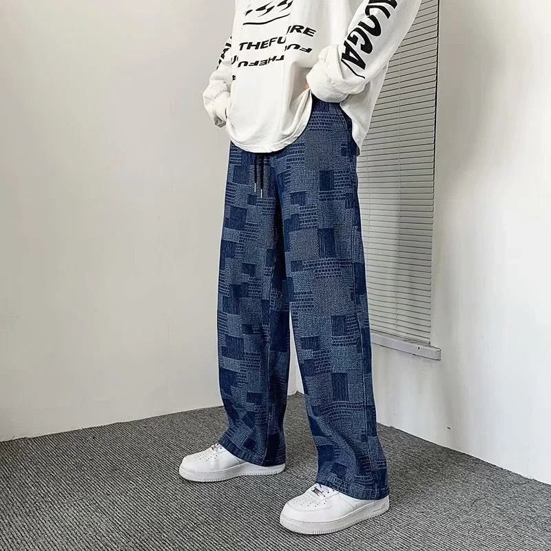 Jean à carreaux bleu noir pour hommes, Vintage, jambes larges, High Street, ample, droit, Hip Hop, automne Y2K
