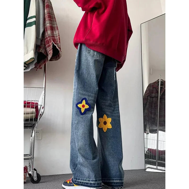 Jean droit bleu brodé de fleurs pour hommes et femmes, jean baggy, streetwear vintage, mode hip hop, automne, fjwomen, Y2K