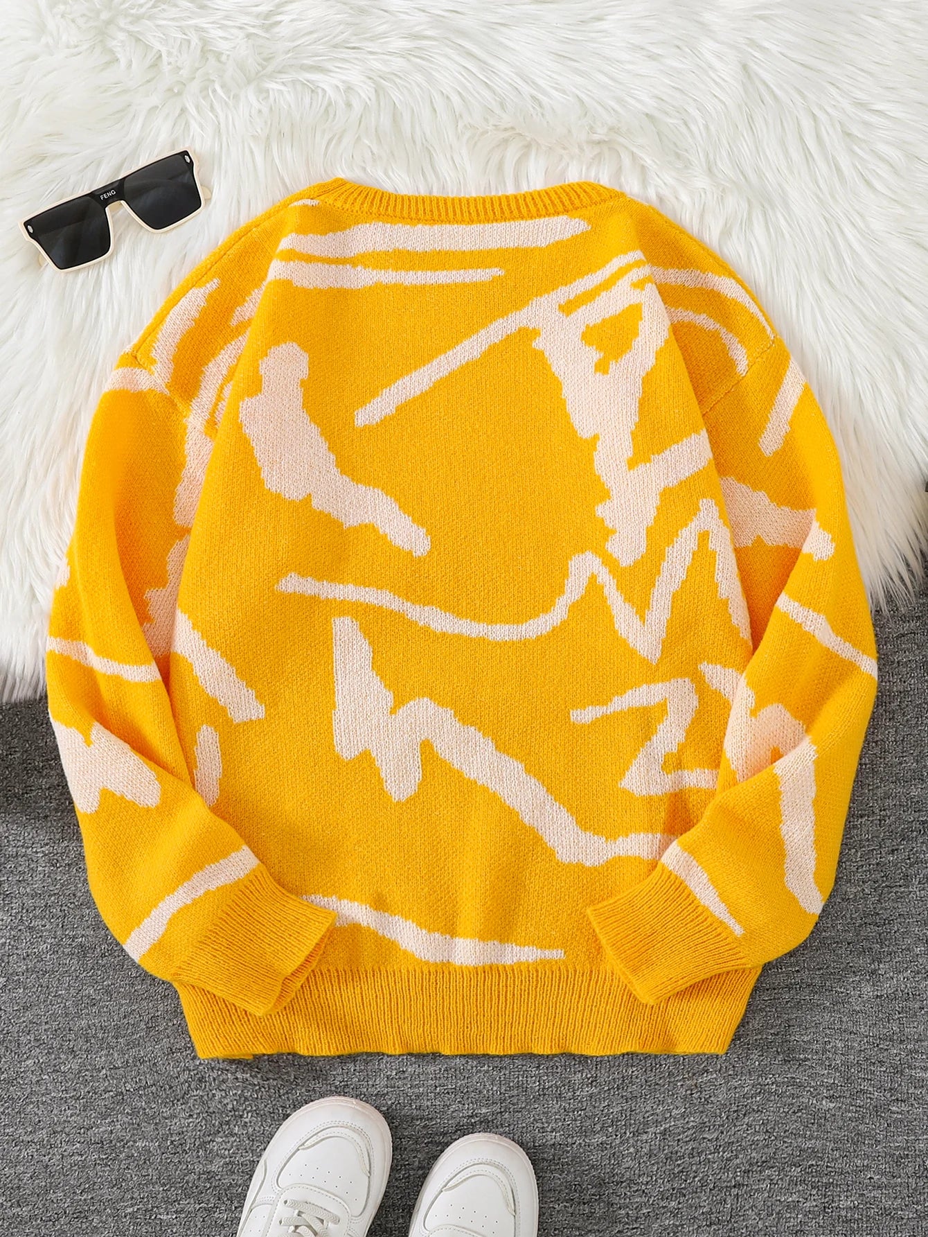 Nouveau populaire printemps automne Graffiti Jacquard motif pull pull décontracté col rond contraste couleur tricoté hommes pull