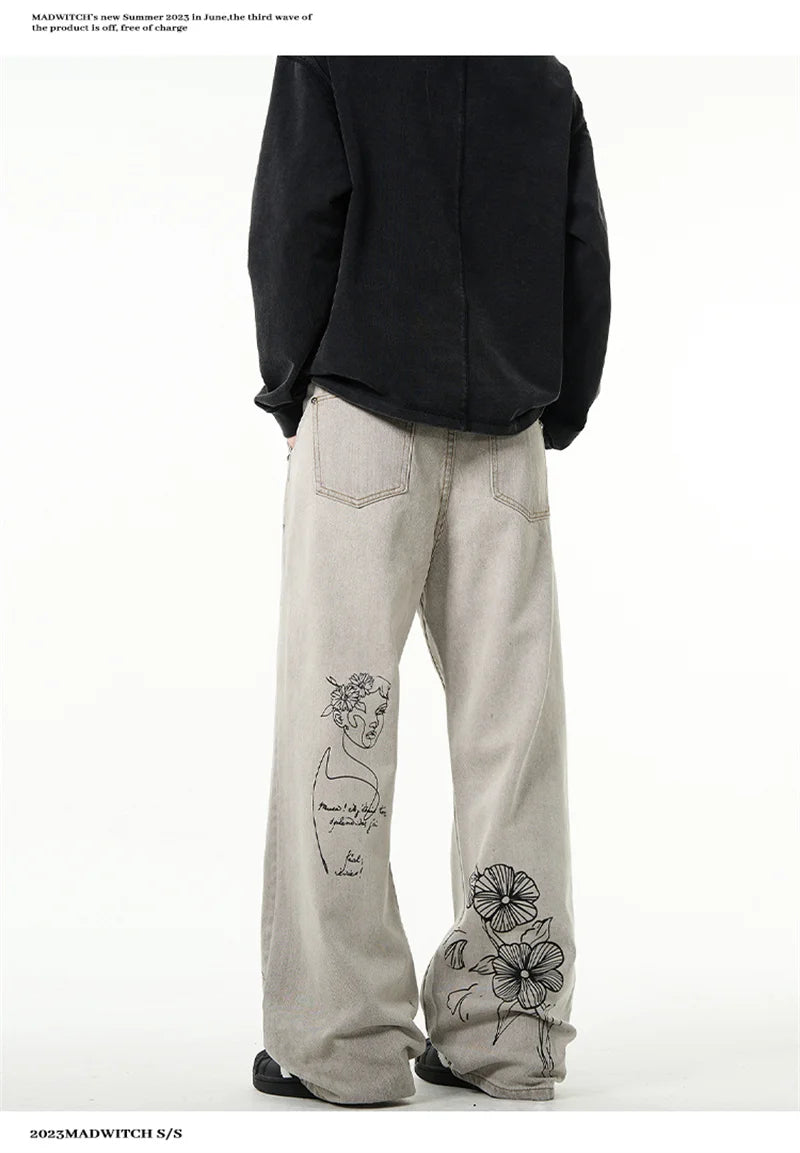Jean imprimé graphique graffiti rétro américain pour hommes, pantalon en denim baggy, mode Harajuku, streetwear Y2K, DistMurcia, fjgy