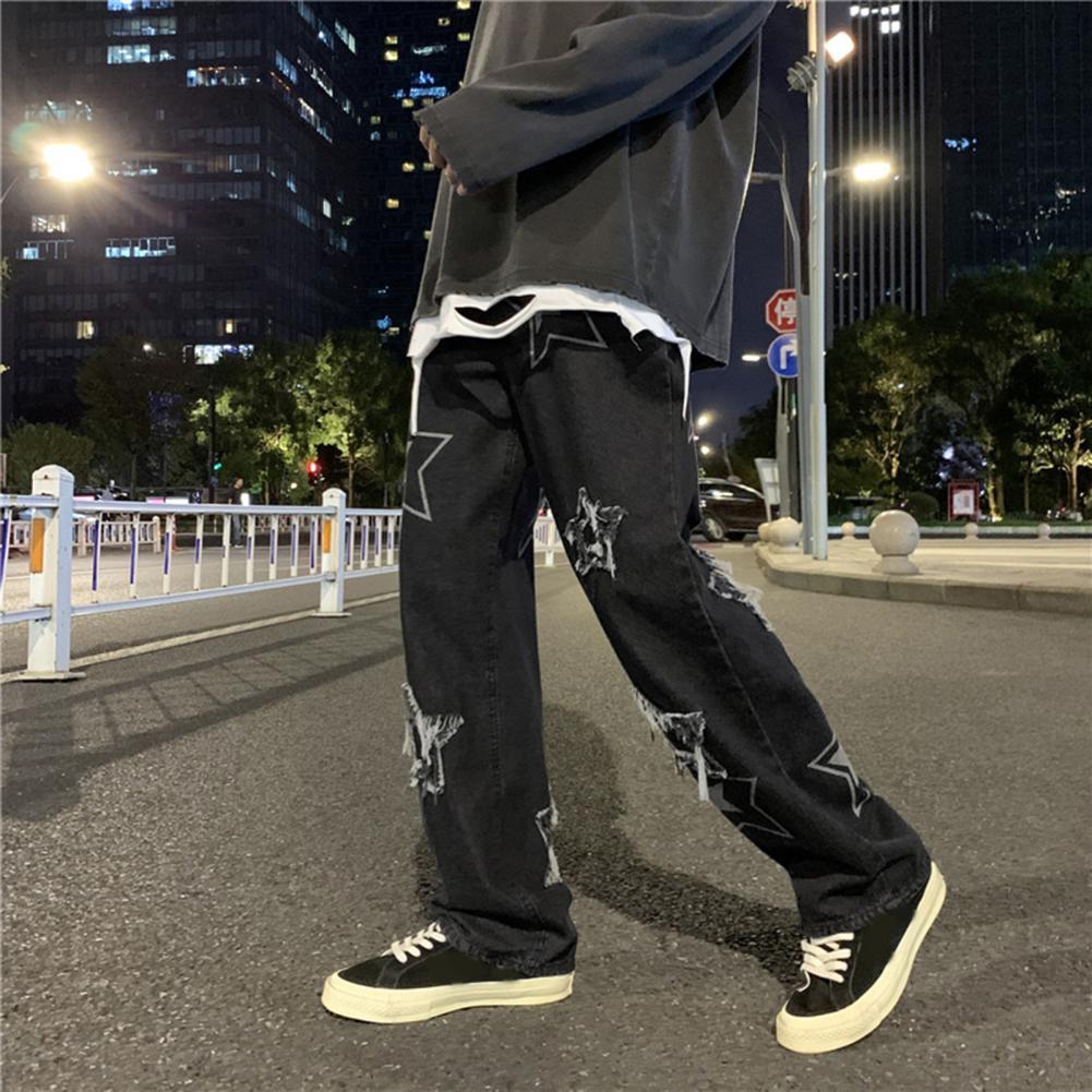 Pantalon en Denim pour hommes, motif étoile à cinq points, broderie, jambes larges, Streetwear, couleur unie, taille moyenne, Baggy, jean droit