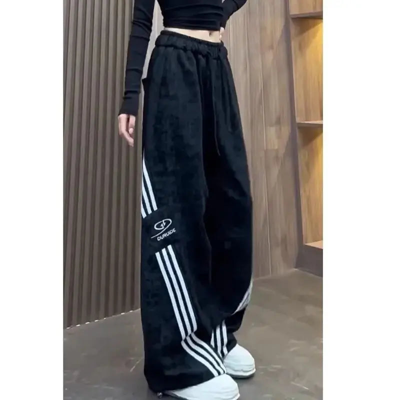 Taille élastique pantalons décontractés femmes automne nouveau trois rayures jambe large pantalons de survêtement polyvalent jambe droite longueur de plancher pantalon