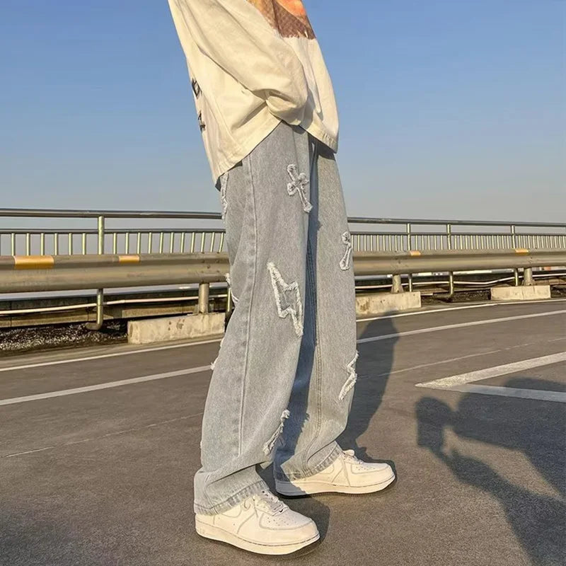 Jean en Denim à jambes droites pour hommes, nouvelle mode décontractée, ample, pantalon Y2k, jambes larges, Hip Hop, noir, bleu