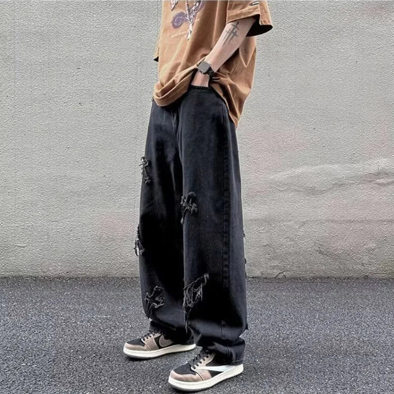 Jean en Denim à jambes droites pour hommes, nouvelle mode décontractée, ample, pantalon Y2k, jambes larges, Hip Hop, noir, bleu