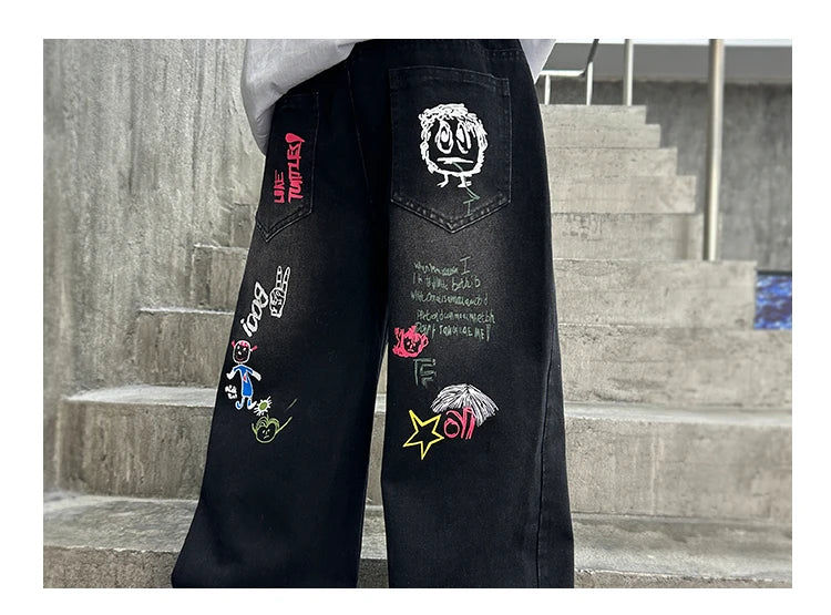 Nouvelle mode enfants jean noir avec dessin pour garçons filles décontracté Streetwear Denim pantalon unisexe enfant coupe droite jean pantalon