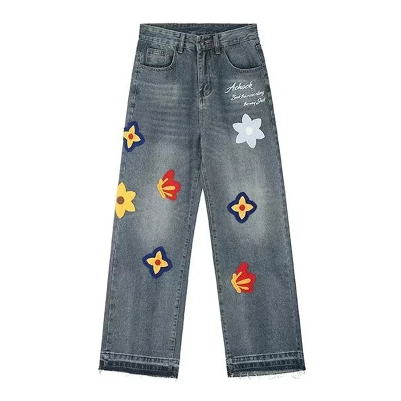Jean droit bleu brodé de fleurs pour hommes et femmes, jean baggy, streetwear vintage, mode hip hop, automne, fjwomen, Y2K