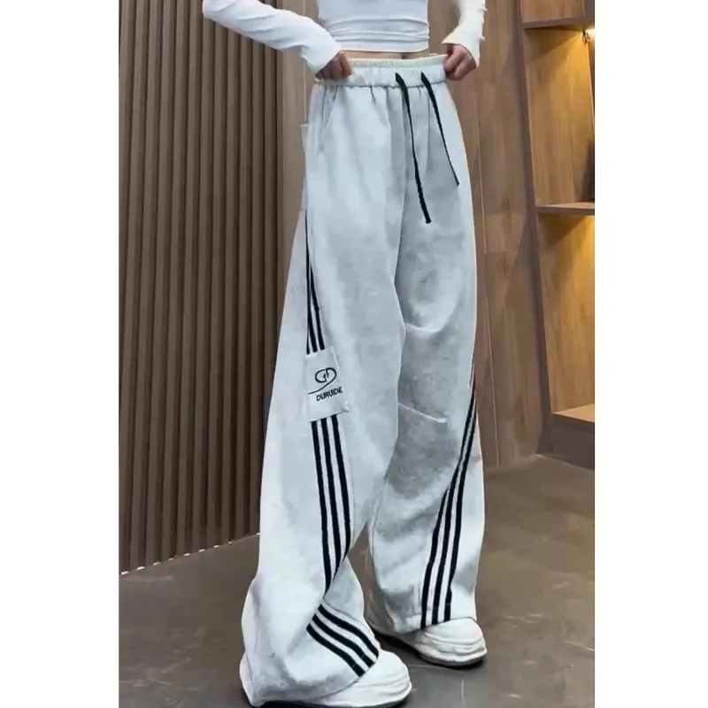 Taille élastique pantalons décontractés femmes automne nouveau trois rayures jambe large pantalons de survêtement polyvalent jambe droite longueur de plancher pantalon