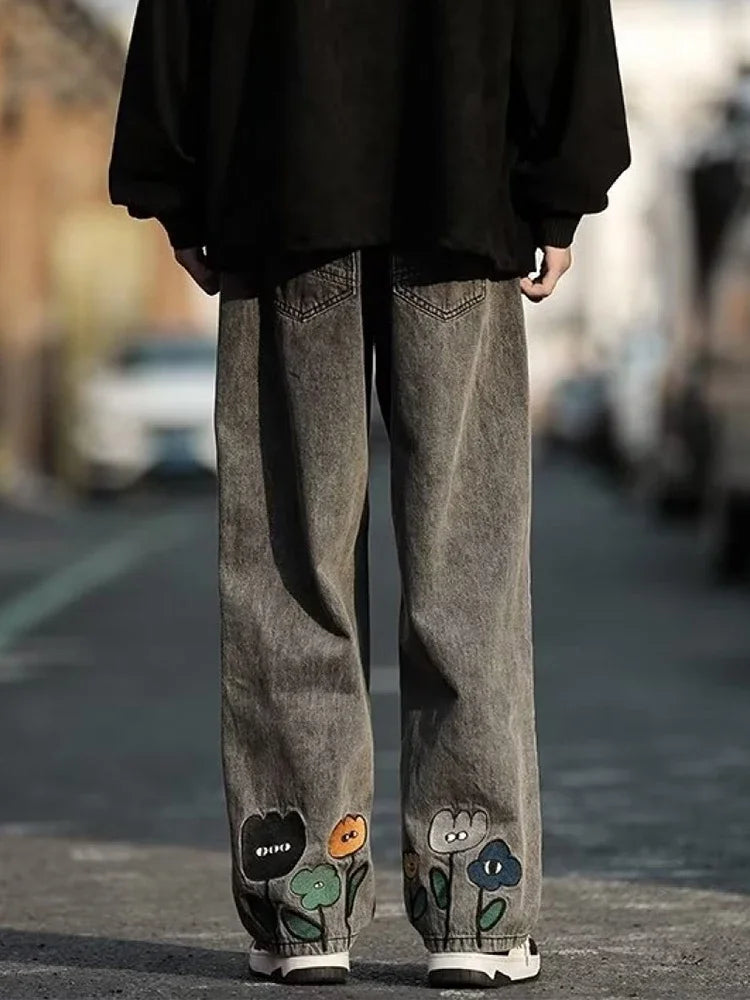 Jean Baggy imprimé fleur Y2K pour hommes, Streetwear américain décontracté, pantalon à jambes larges, Vintage, droit, nouvelle collection 2025