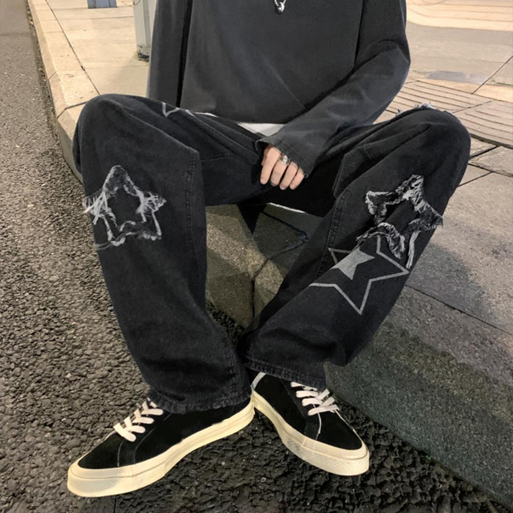 Pantalon en Denim pour hommes, motif étoile à cinq points, broderie, jambes larges, Streetwear, couleur unie, taille moyenne, Baggy, jean droit