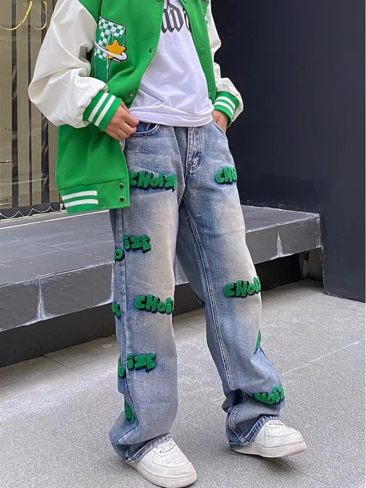 Feynzz broderie haute rue style hiphop flocage jean automne pantalon à jambes larges pour hommes et femmes taille haute jeans mode