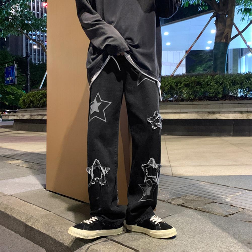 Pantalon en Denim pour hommes, motif étoile à cinq points, broderie, jambes larges, Streetwear, couleur unie, taille moyenne, Baggy, jean droit