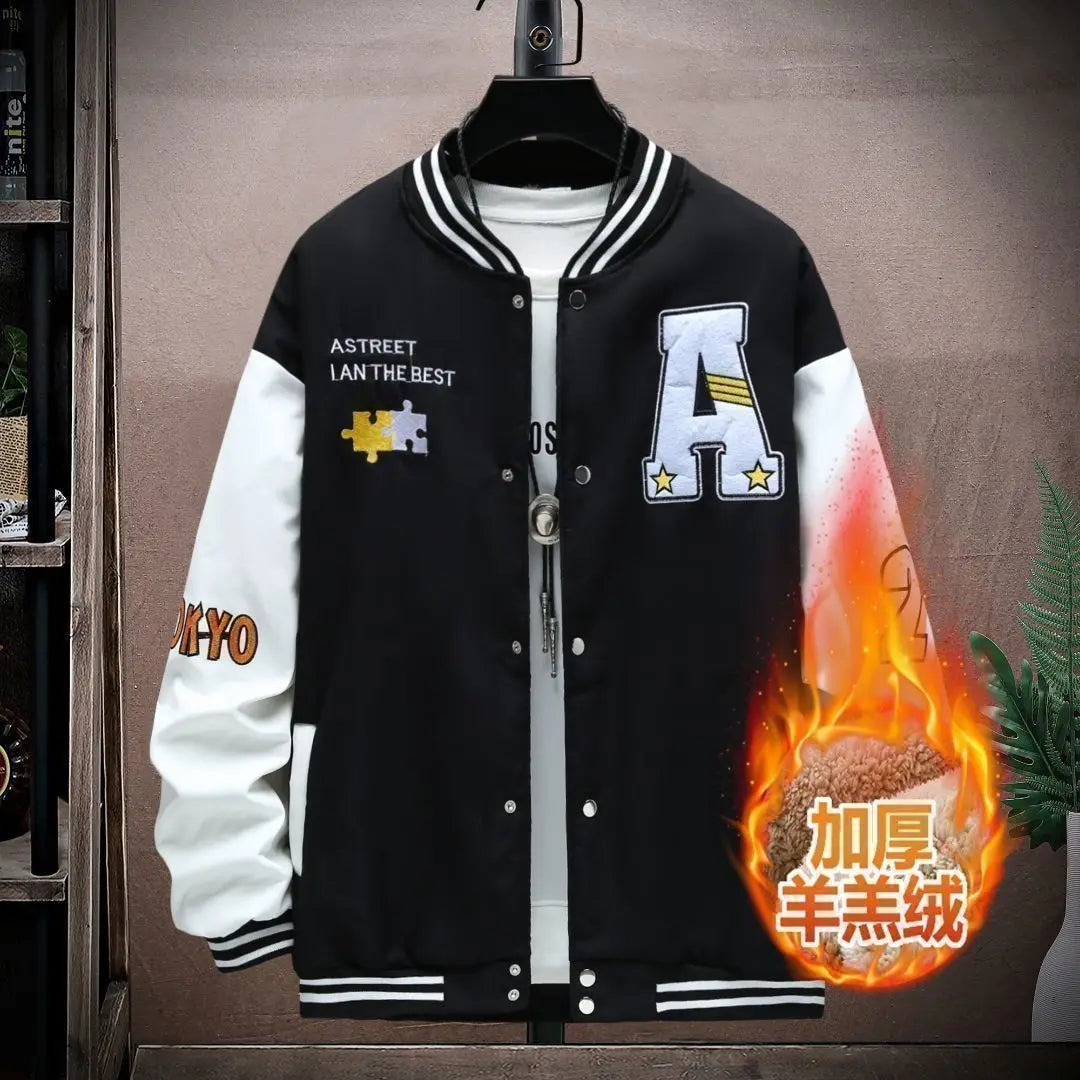 Vestes polaires Vintage à col de Baseball pour hommes, lettres brodées, loisirs, sport, manteau épais en peau d'agneau, veste de moto surdimensionnée