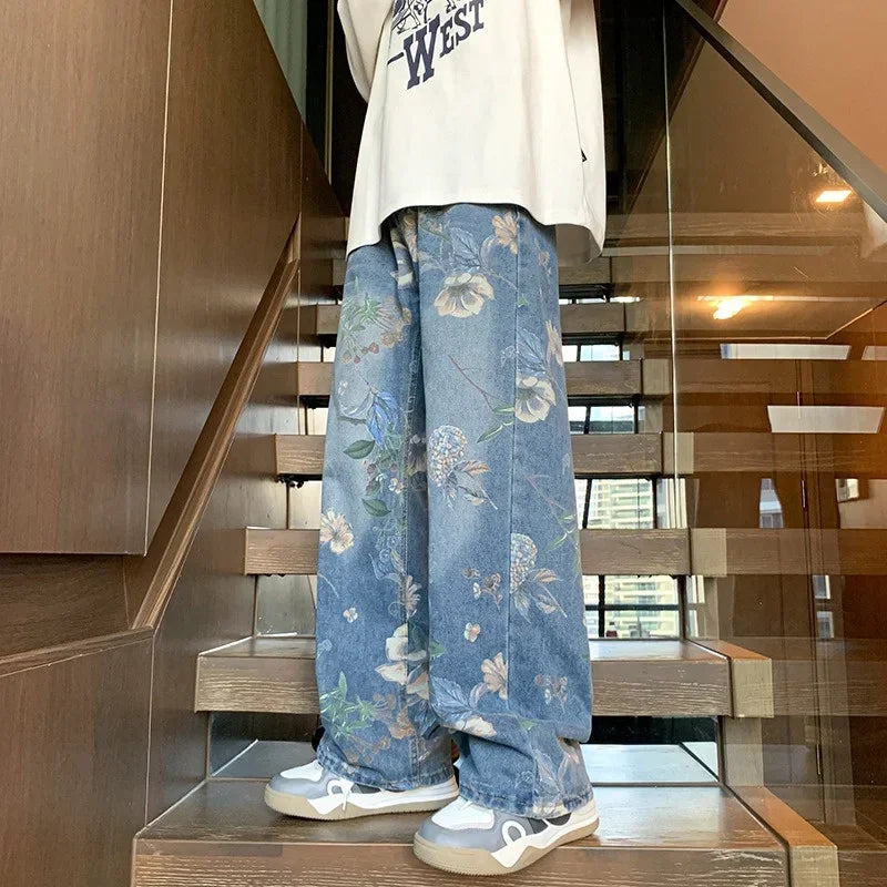 Jean imprimé Floral pour hommes, pantalon en Denim Vintage Y2K, mode Hip Hop, Baggy à jambes larges, Streetwear, nouvelle collection automne 2024