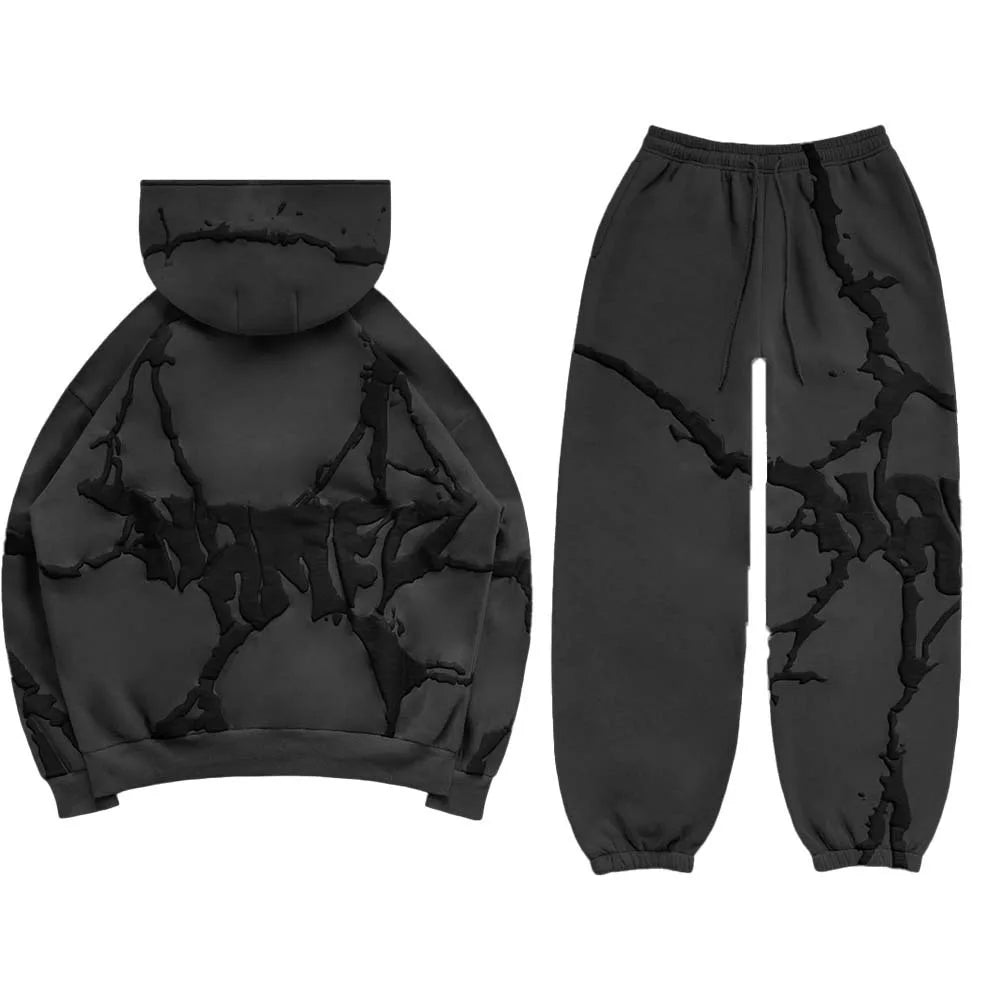 2025 transfrontalier européen et américain automne et hiver nouveau sweat à capuche imprimé mousse Vintage épaissi ensemble ample pour hommes en Stock
