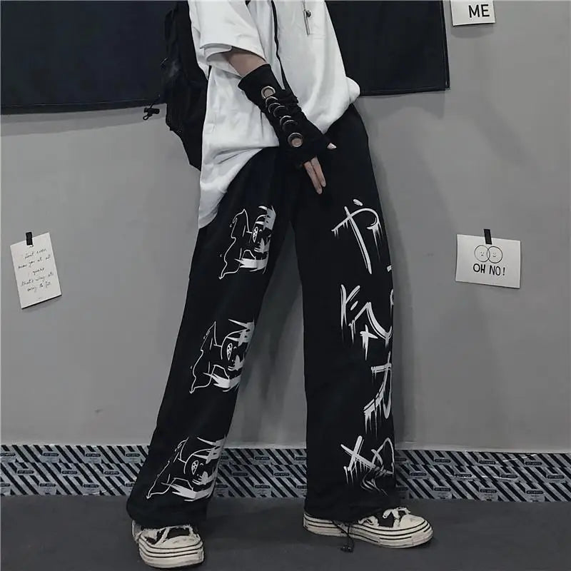 Pantalon de survêtement noir imprimé japonais Y2k pour homme, Streetwear, jambes larges, Baggy surdimensionné, décontracté, Sport, 2023