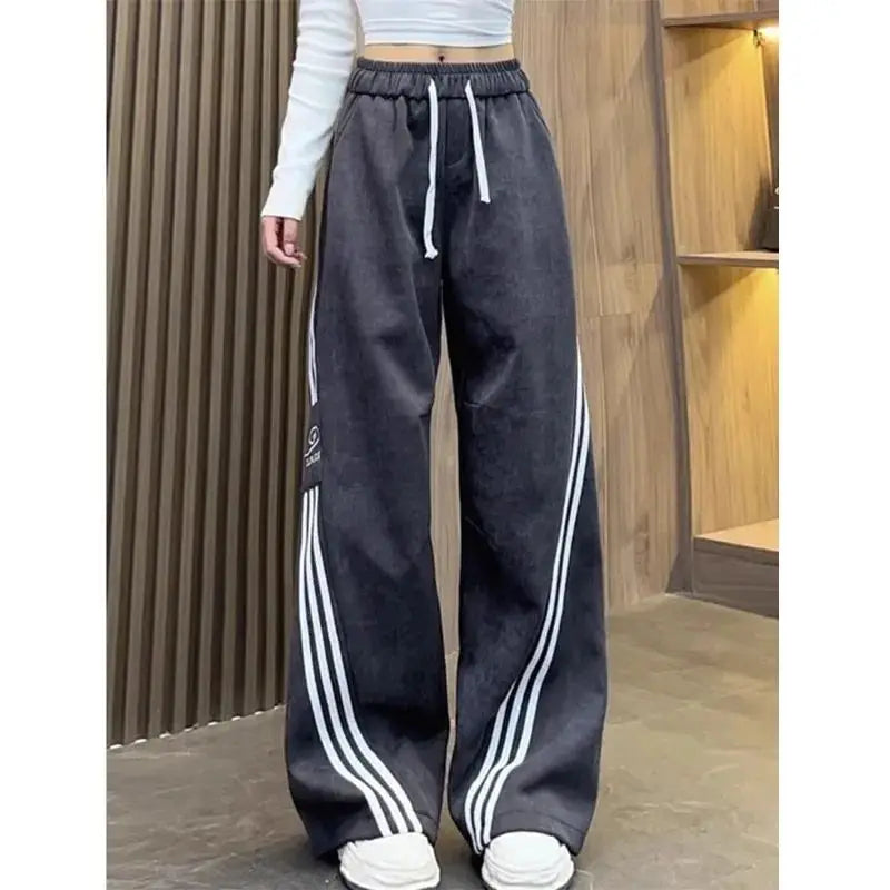 Taille élastique pantalons décontractés femmes automne nouveau trois rayures jambe large pantalons de survêtement polyvalent jambe droite longueur de plancher pantalon