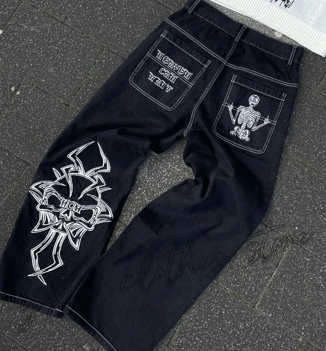 Nouveau Baggy décontracté jambe large Jean hommes rue rétro Hip Hop imprimé Jean tendance mode noir taille haute Jean Y2k hommes vêtements 2023