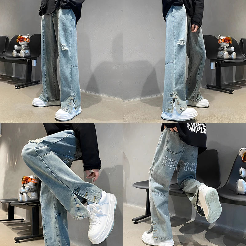 Jean ample Hip Hop brodé avec lettres pour hommes, décontracté, nouveaux trous cassés, Streetwear, pantalon droit en Denim, Baggy Y2K