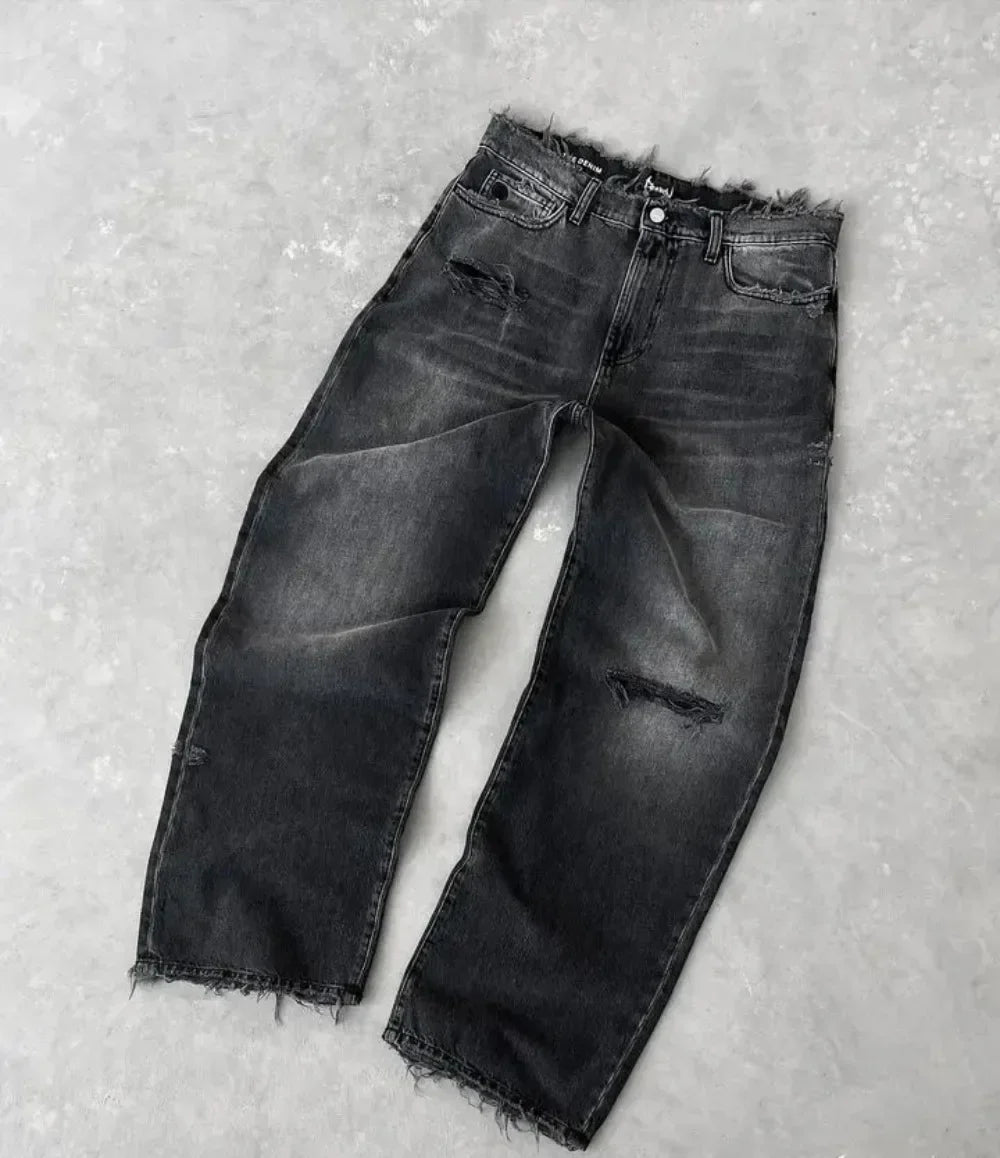 Nouveau Y2K Harajuku rétro graphique Patch jean Hip Hop gothique bord brut broderie noir Baggy jean jambe large Denim pantalon hommes femmes