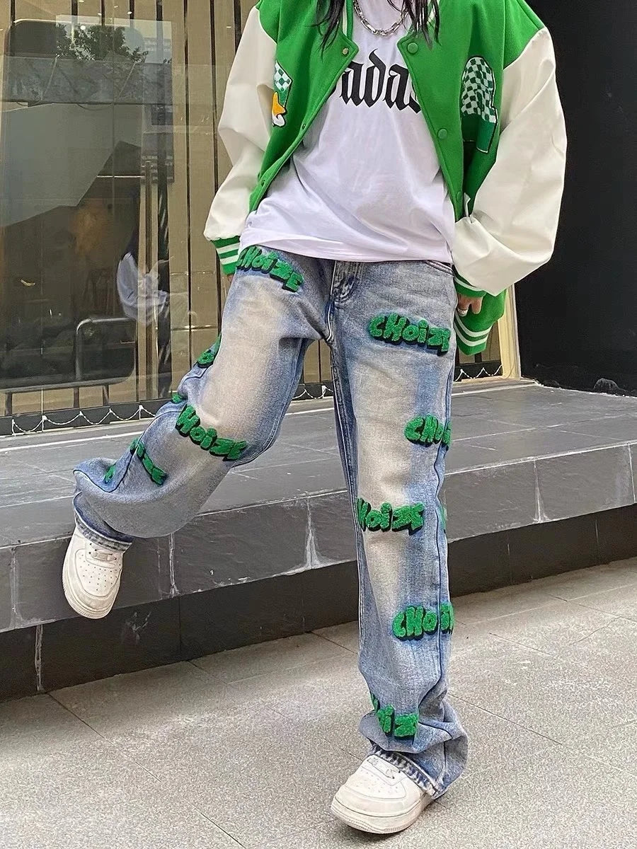 Feynzz broderie haute rue style hiphop flocage jean automne pantalon à jambes larges pour hommes et femmes taille haute jeans mode