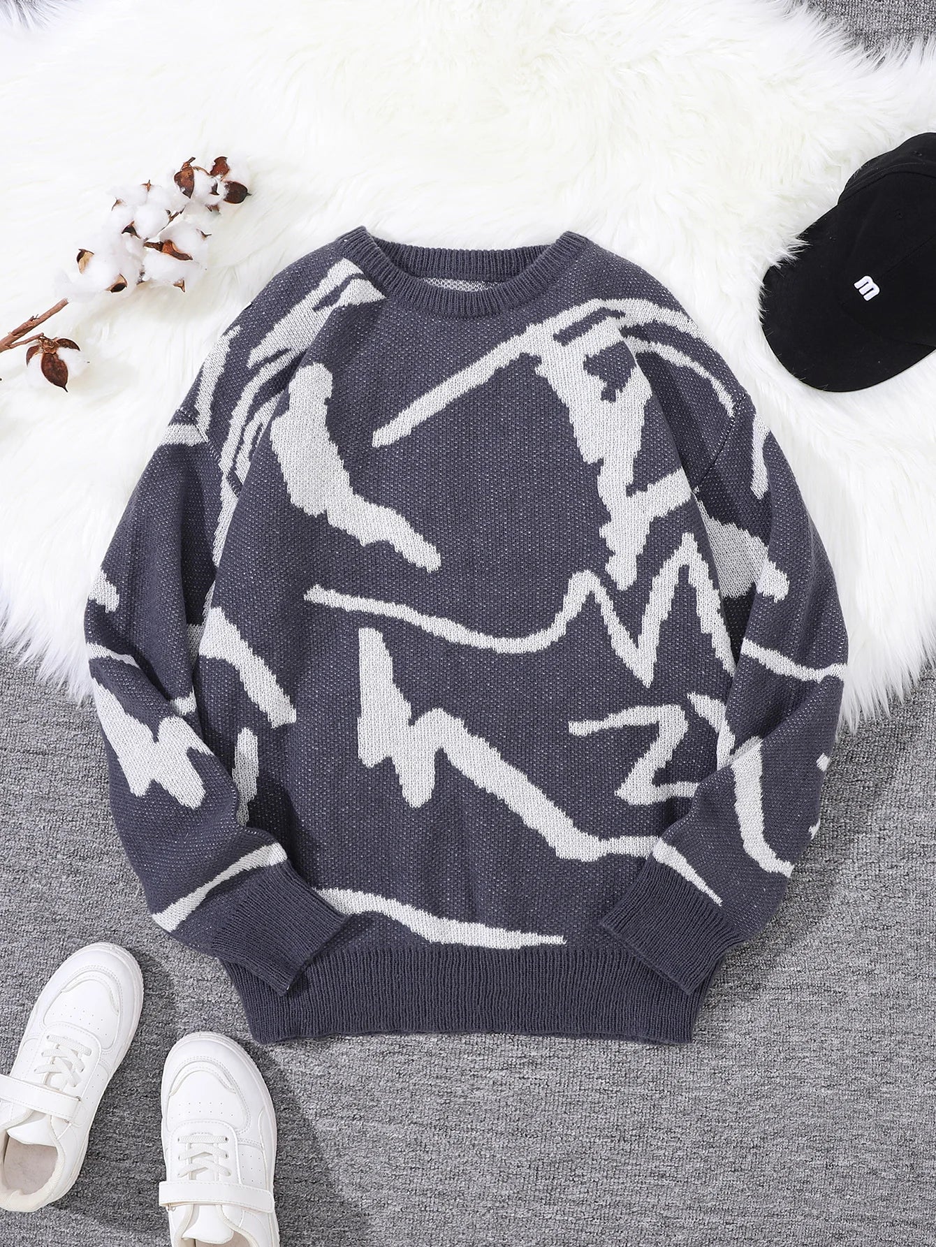Nouveau populaire printemps automne Graffiti Jacquard motif pull pull décontracté col rond contraste couleur tricoté hommes pull