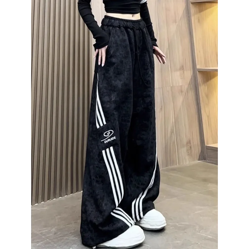 Taille élastique pantalons décontractés femmes automne nouveau trois rayures jambe large pantalons de survêtement polyvalent jambe droite longueur de plancher pantalon