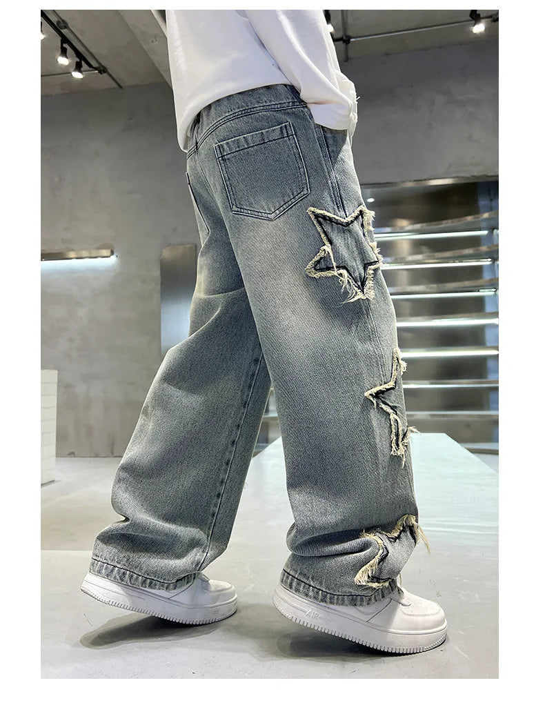 Nouvelle mode adolescents garçons Denim pantalons à jambes larges enfant pantalon printemps automne étoile épissage bord brut jean 5-14 ans enfants pantalons