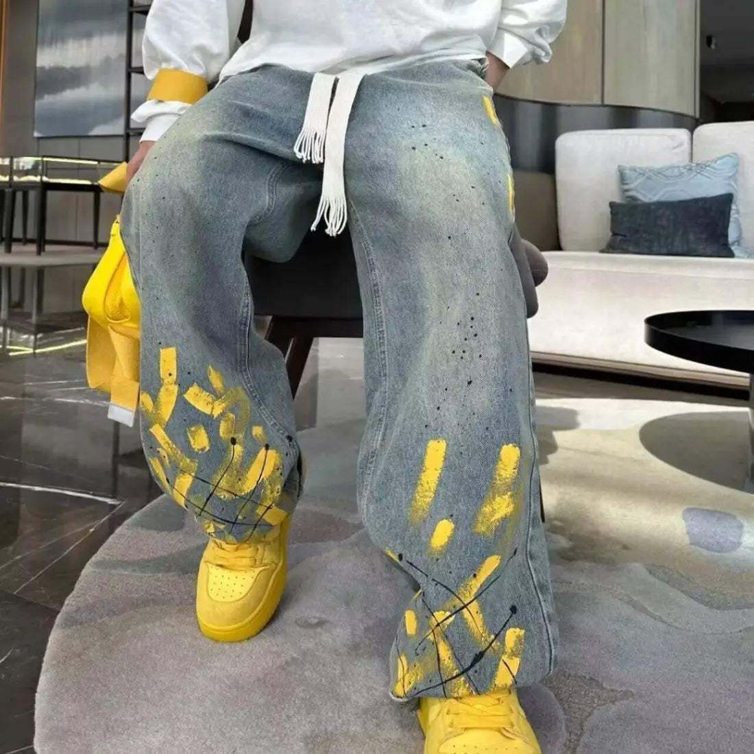 Jean délavé pour hommes, imprimé jet d'encre peint à la main, à la mode et polyvalent, vieux pantalon droit décontracté, nouvelle collection automne et hiver