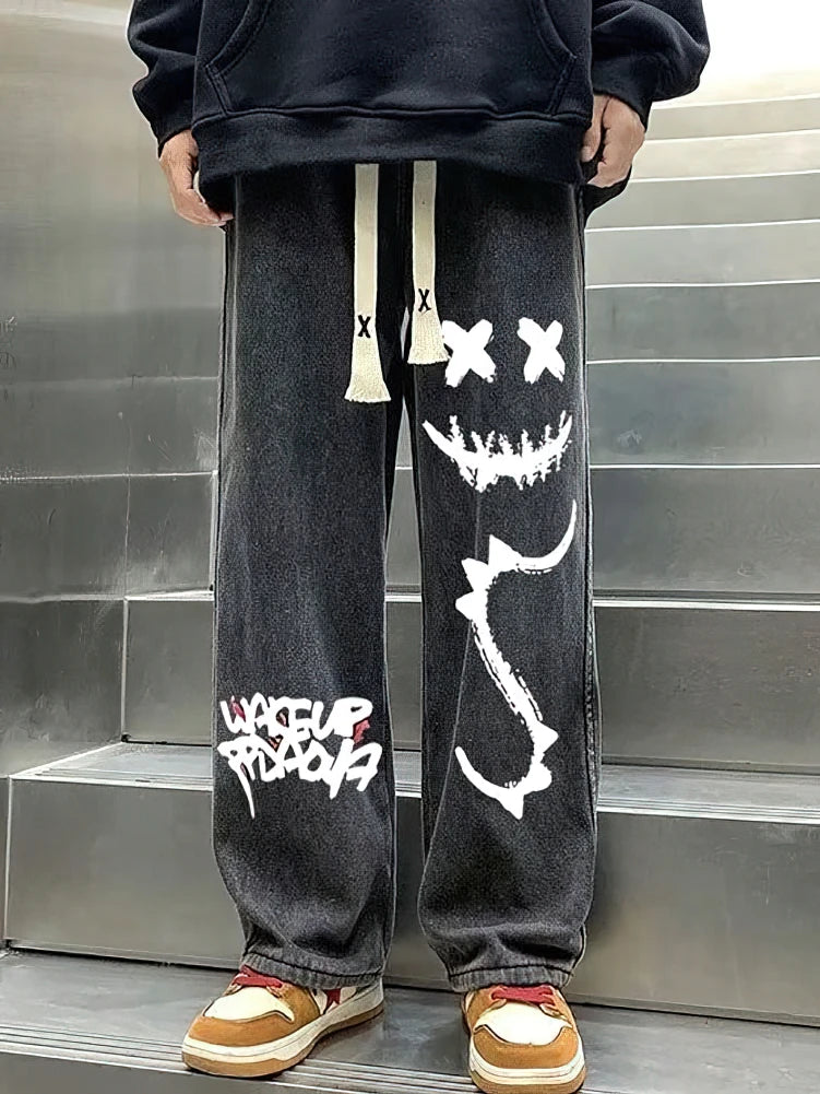 Pantalon en jean Baggy noir imprimé pour hommes, droit, surdimensionné, graphique décontracté, jambes larges, Denim, Long, coréen, cordon de serrage, survêtement