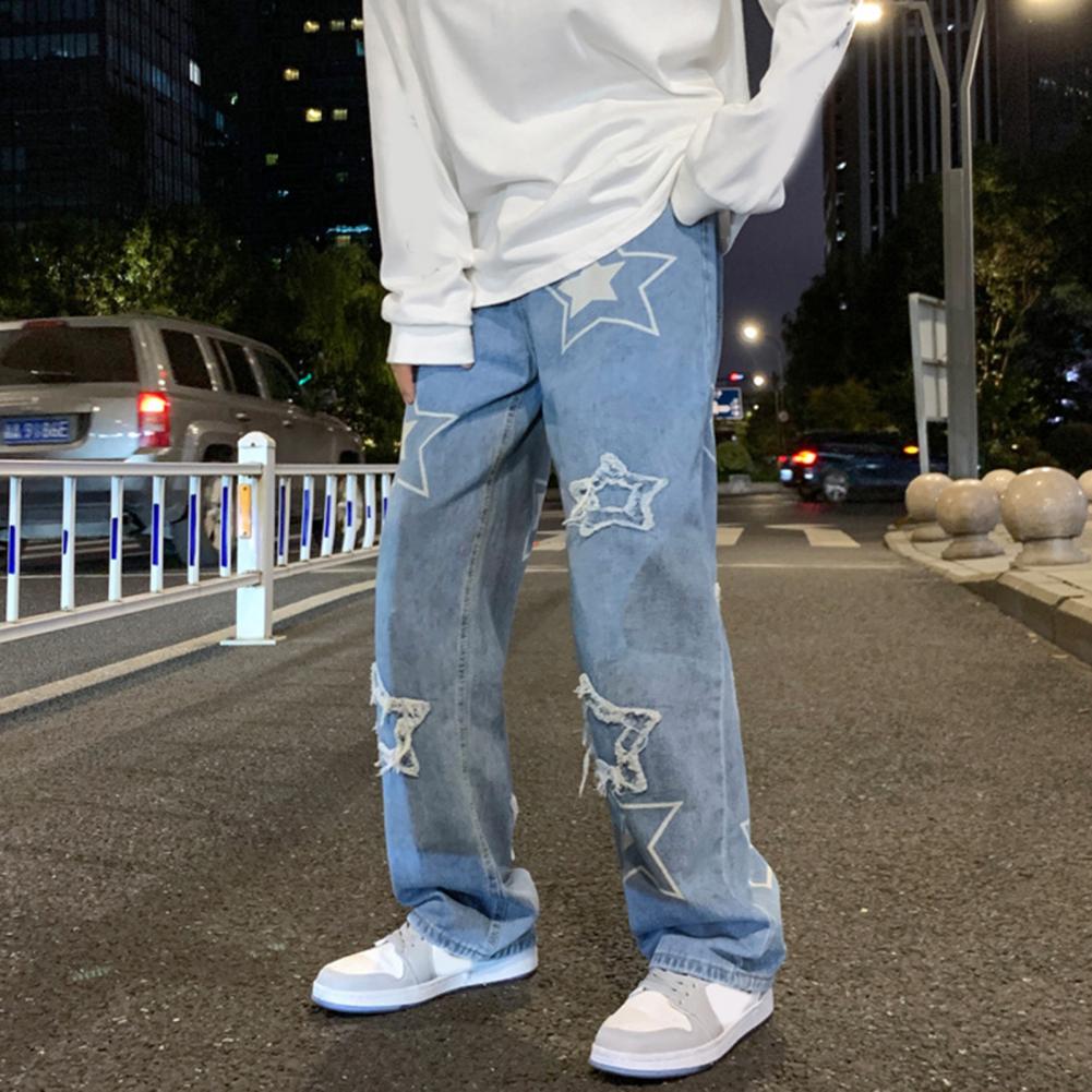 Pantalon en Denim pour hommes, motif étoile à cinq points, broderie, jambes larges, Streetwear, couleur unie, taille moyenne, Baggy, jean droit